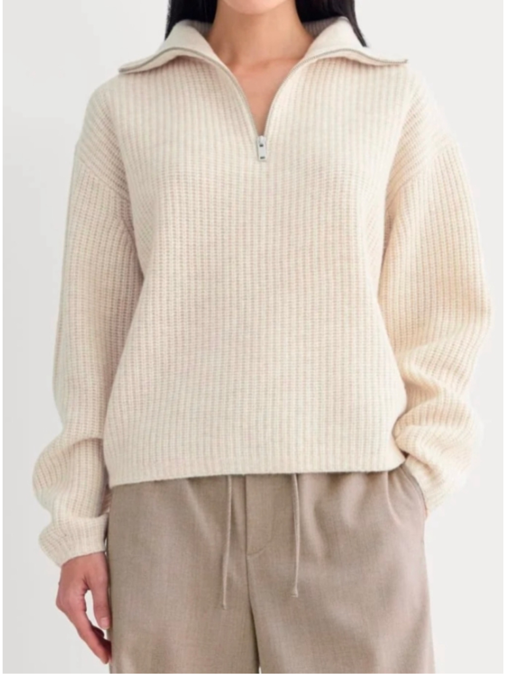 Everlane Luxe Merino Wool Half Zip Ribbed Sweater Size M Heathered Oat